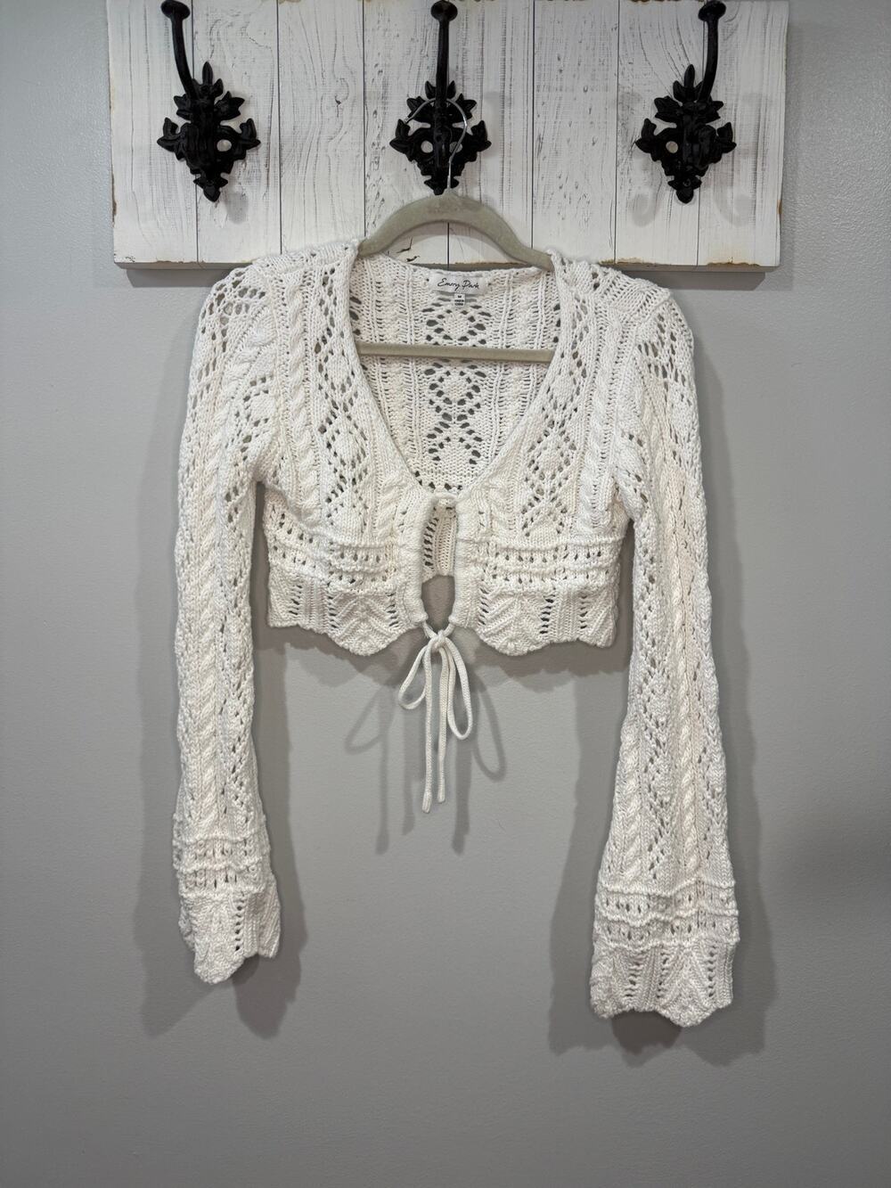 Emory Park Crochet Knit Tie Front Cardigan White Boho Long Sleeve Size M